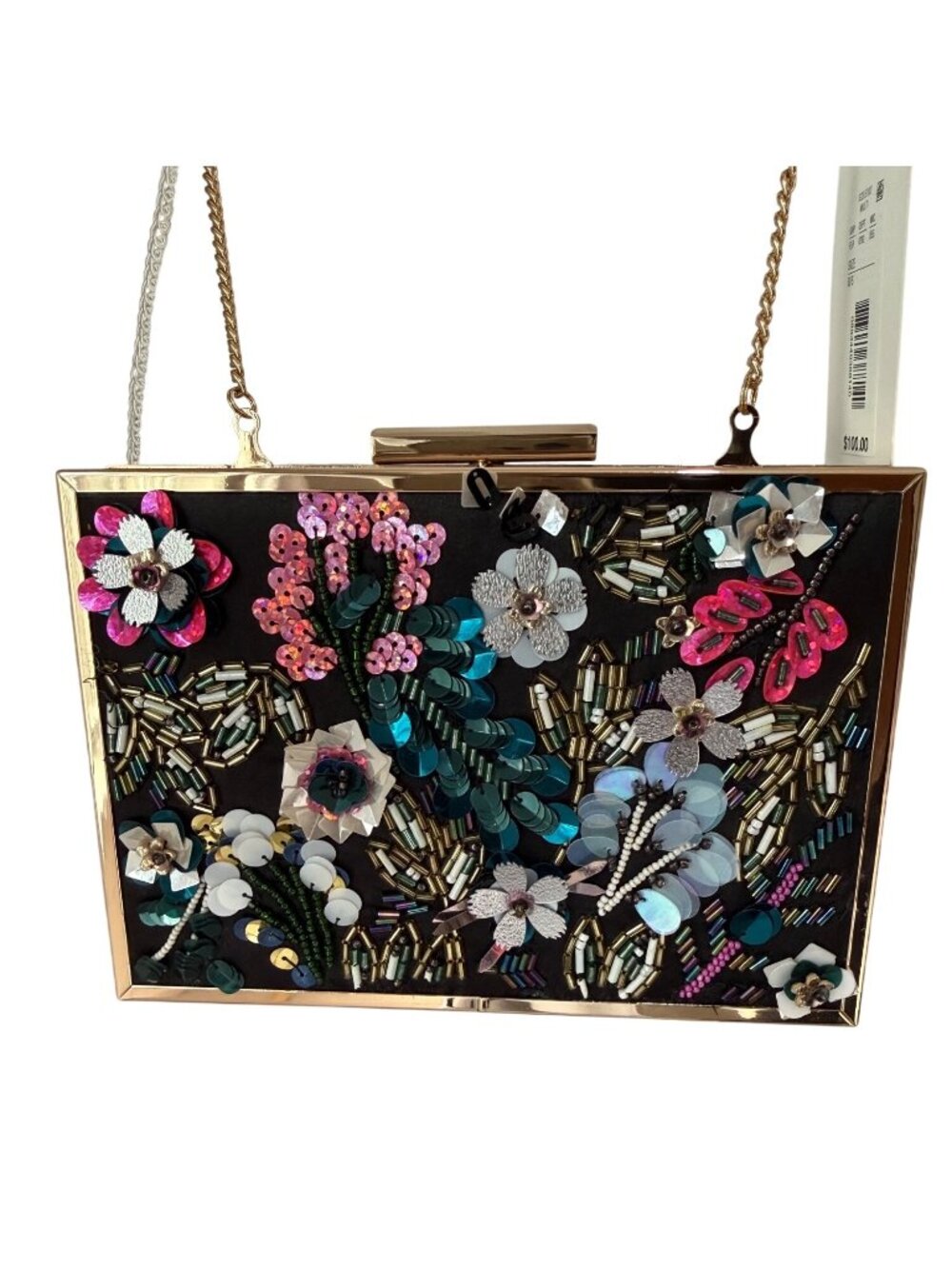 Kate Landry Purse New Sequin Beaded 3D Floral Hard Case Clutch / Crossbody